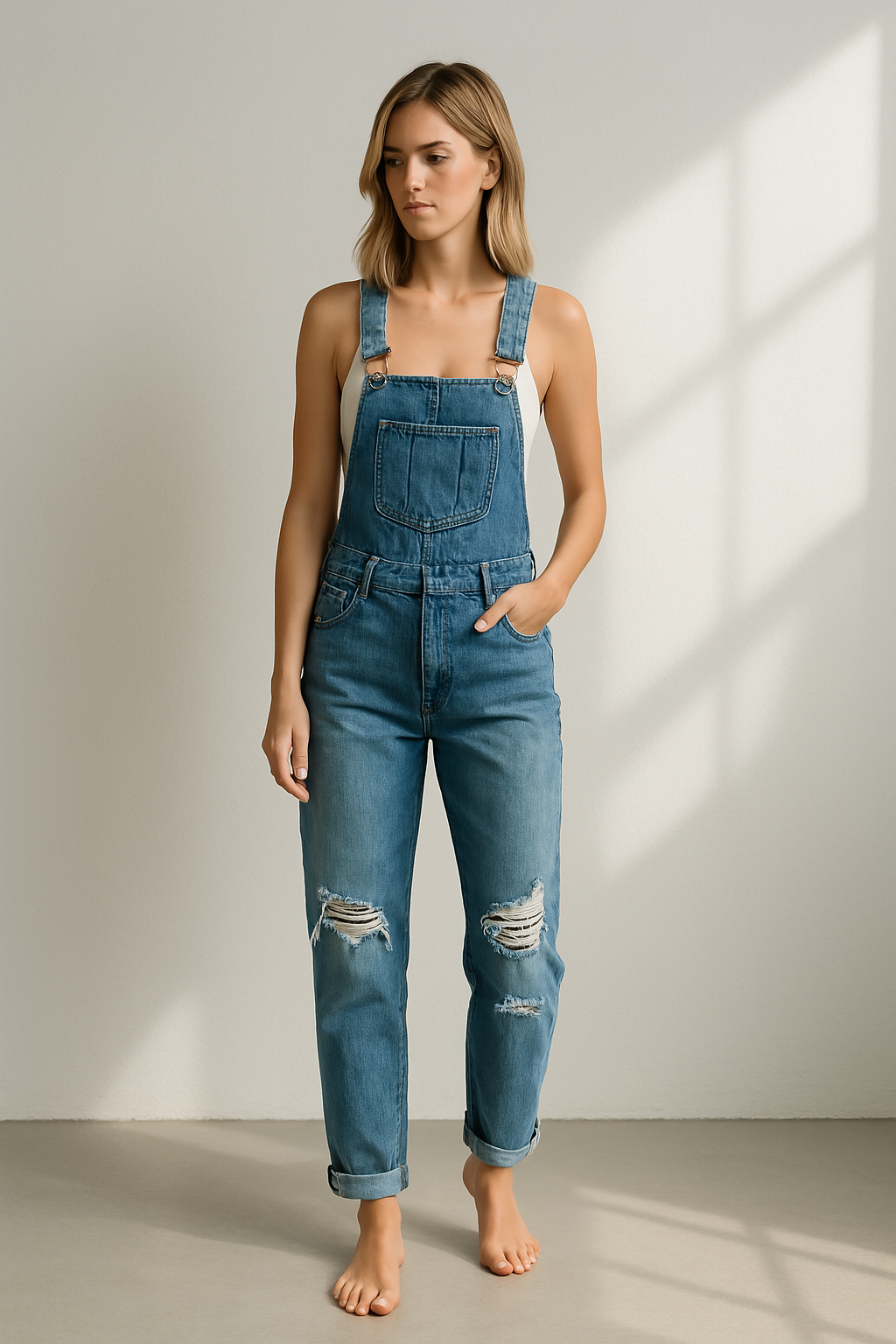 Thea | Casual denim overall met gerafelde details op de dijen