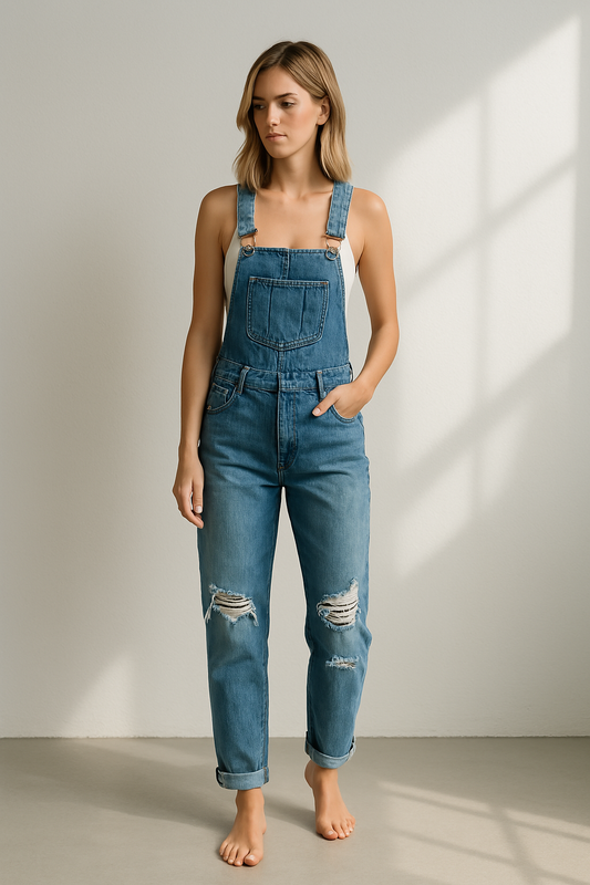 Thea | Casual denim overall met gerafelde details op de dijen