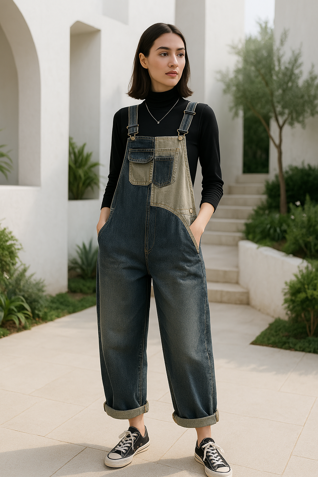 Vanya | Vintage denim patchwork tuinbroek voor dames
