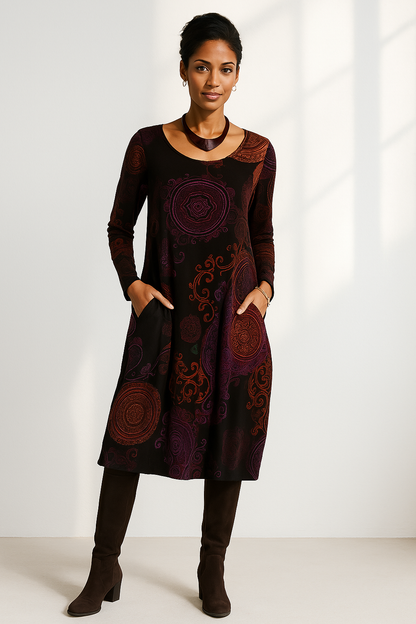 Valery | Bohemian Midi Jurk met Lange Mouwen