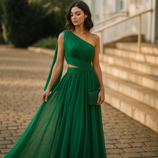 Anna | Geplisseerde maxi jurk groen met asymmetrische schouder
