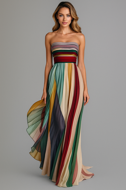 Idonea - Strapless zomerjurk met plissé en speelse kleurbanen