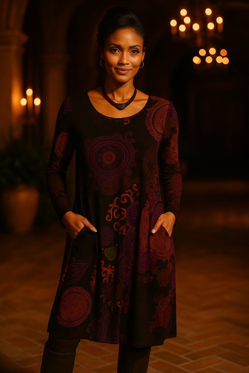 Valery | Bohemian Midi Jurk met Lange Mouwen