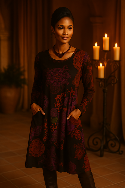 Valery | Bohemian Midi Jurk met Lange Mouwen