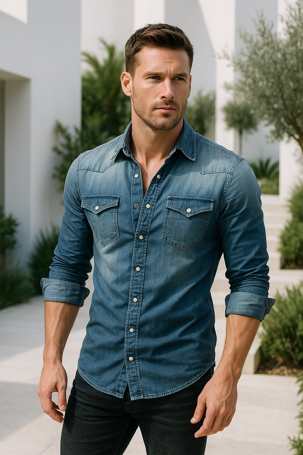 Classic Retro denim overhemd met knoopzakken