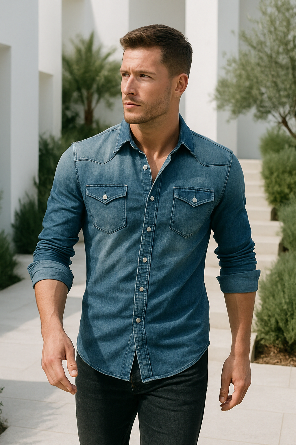 Classic Retro denim overhemd met knoopzakken