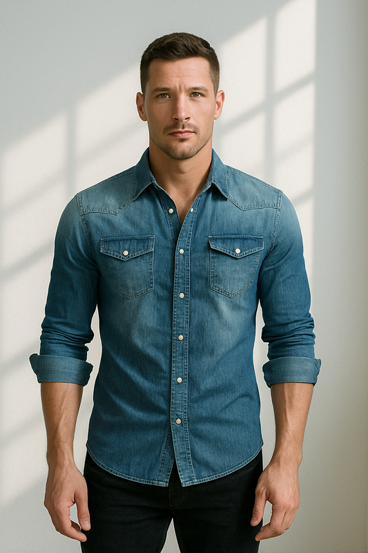 Classic Retro denim overhemd met knoopzakken