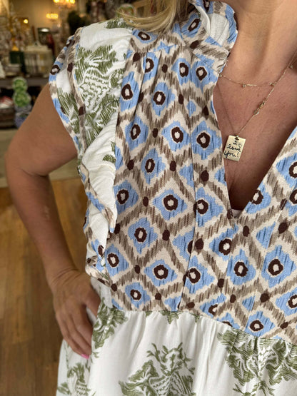 Birgit - Mouwloze zomerjurk met volantkraag en bloemenprint