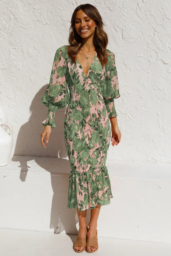 Ysa | Elegante midi-jurk met bloemenprint en pofmouwen