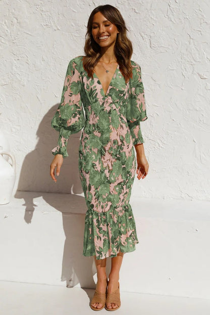 Ysa | Elegante midi-jurk met bloemenprint en pofmouwen