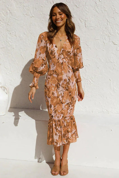 Ysa | Elegante midi-jurk met bloemenprint en pofmouwen
