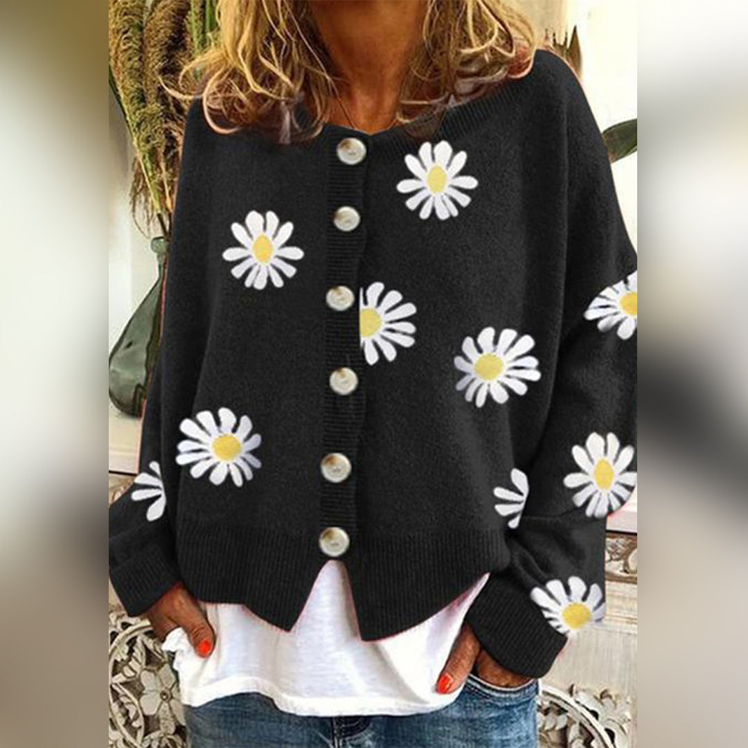 Elize - Gebreid vest met knopen bloemen print