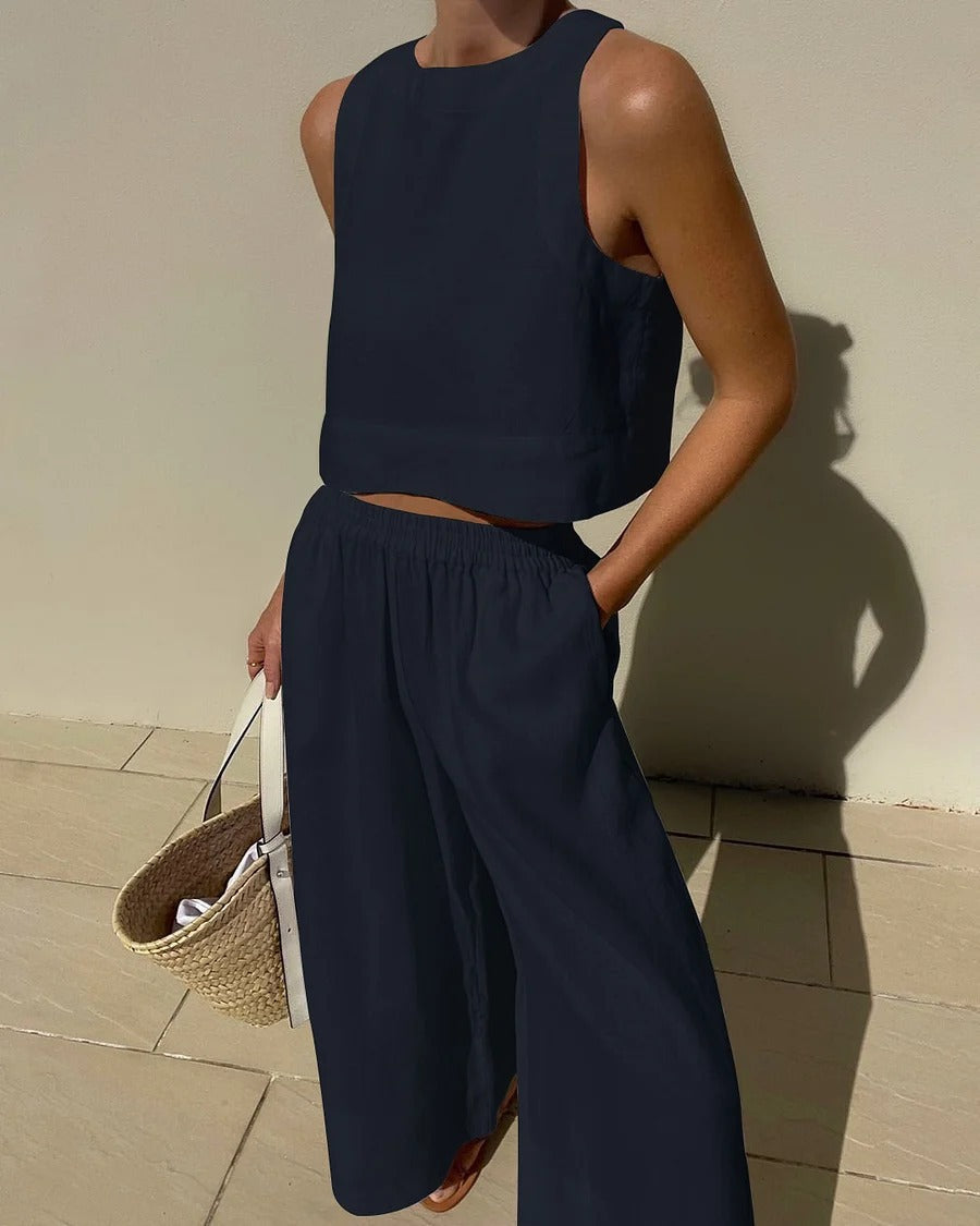 Melanie - Tweedelige dames set met cropped top en wijde broek