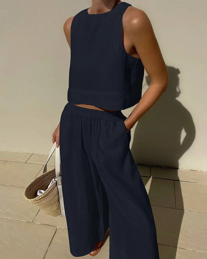 Melanie - Tweedelige dames set met cropped top en wijde broek