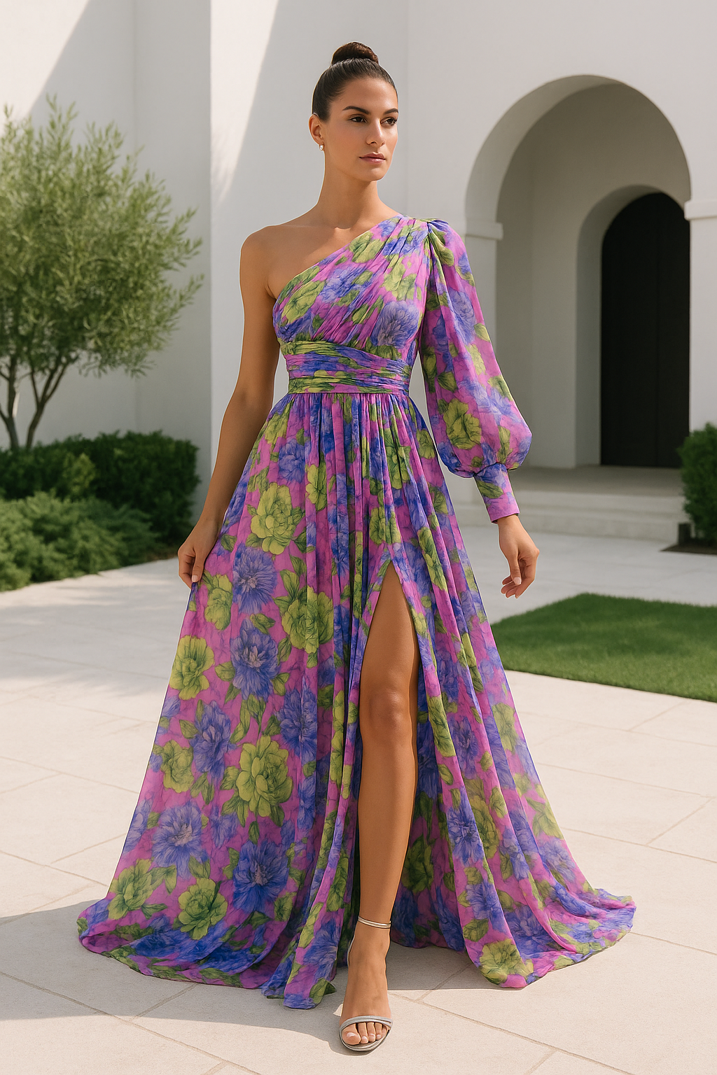 Sunny Elegance - One shoulder flower maxi zomerjurk