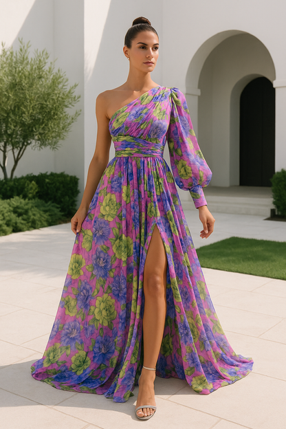 Sunny Elegance - One shoulder flower maxi zomerjurk
