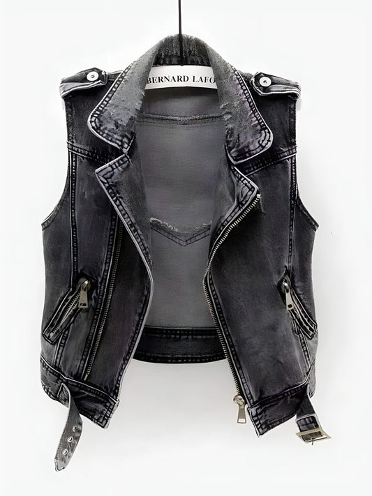 Jana - Dames biker gilet met ritsdetails en washed look
