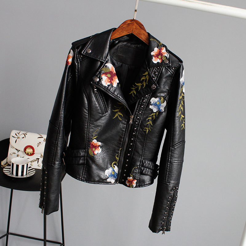 Eula - Dames leren jas met bloemenmotief