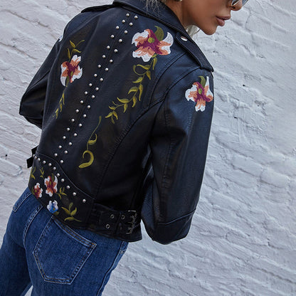 Eula - Dames leren jas met bloemenmotief