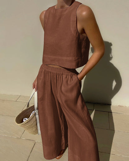 Melanie - Tweedelige dames set met cropped top en wijde broek
