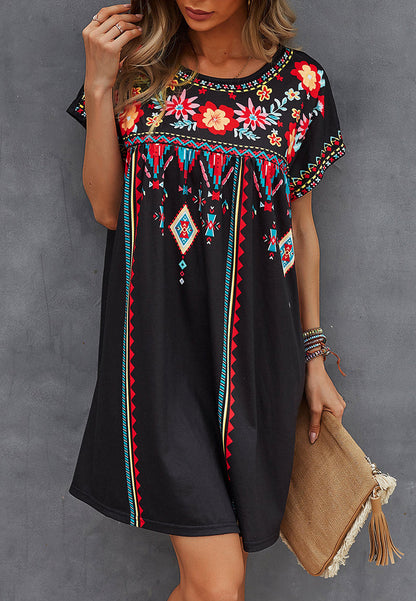 Boho Glow - Floral Multicolor boho stijl midi jurk groen zwart