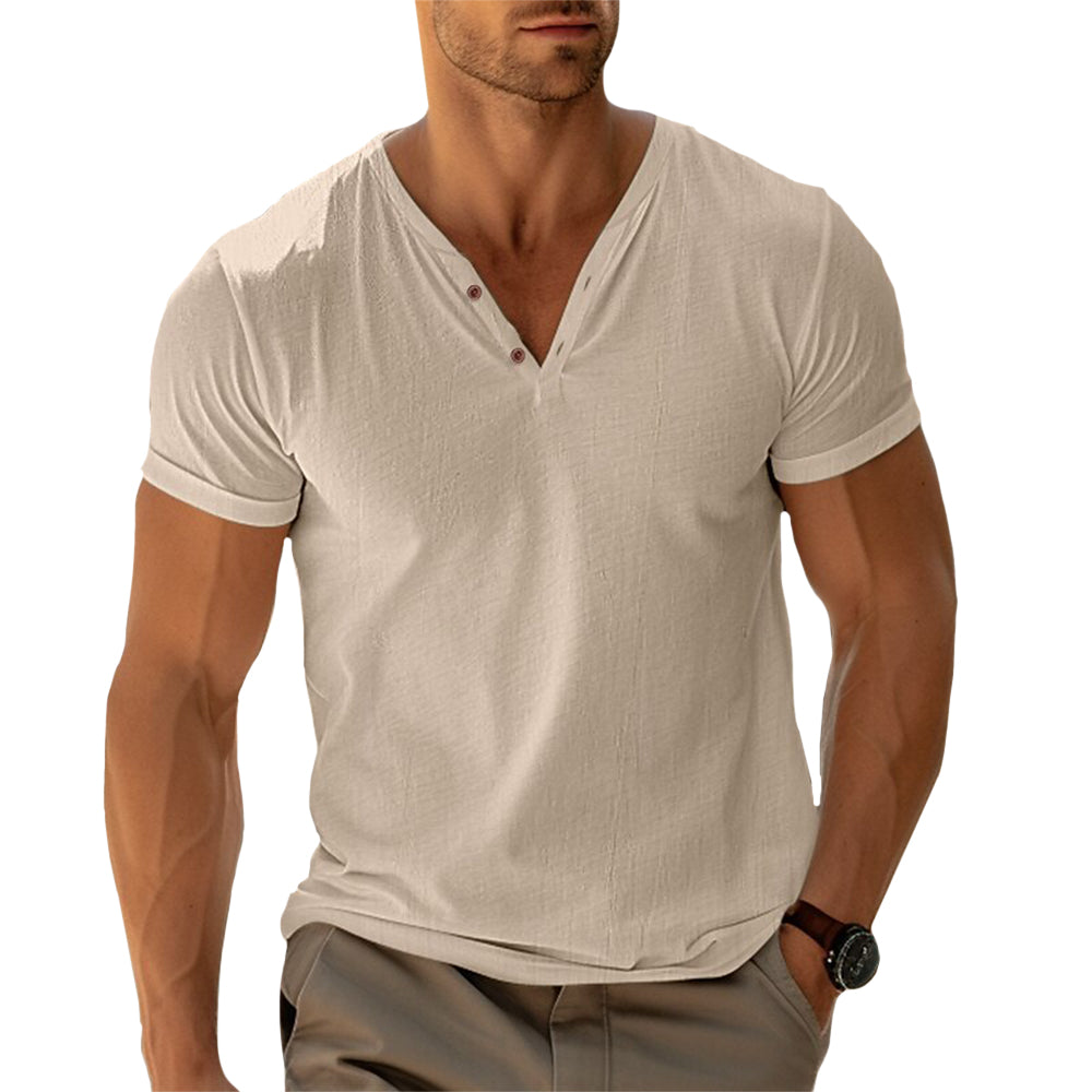 Amaury - Heren t-shirt met v-hals en knoopdetail