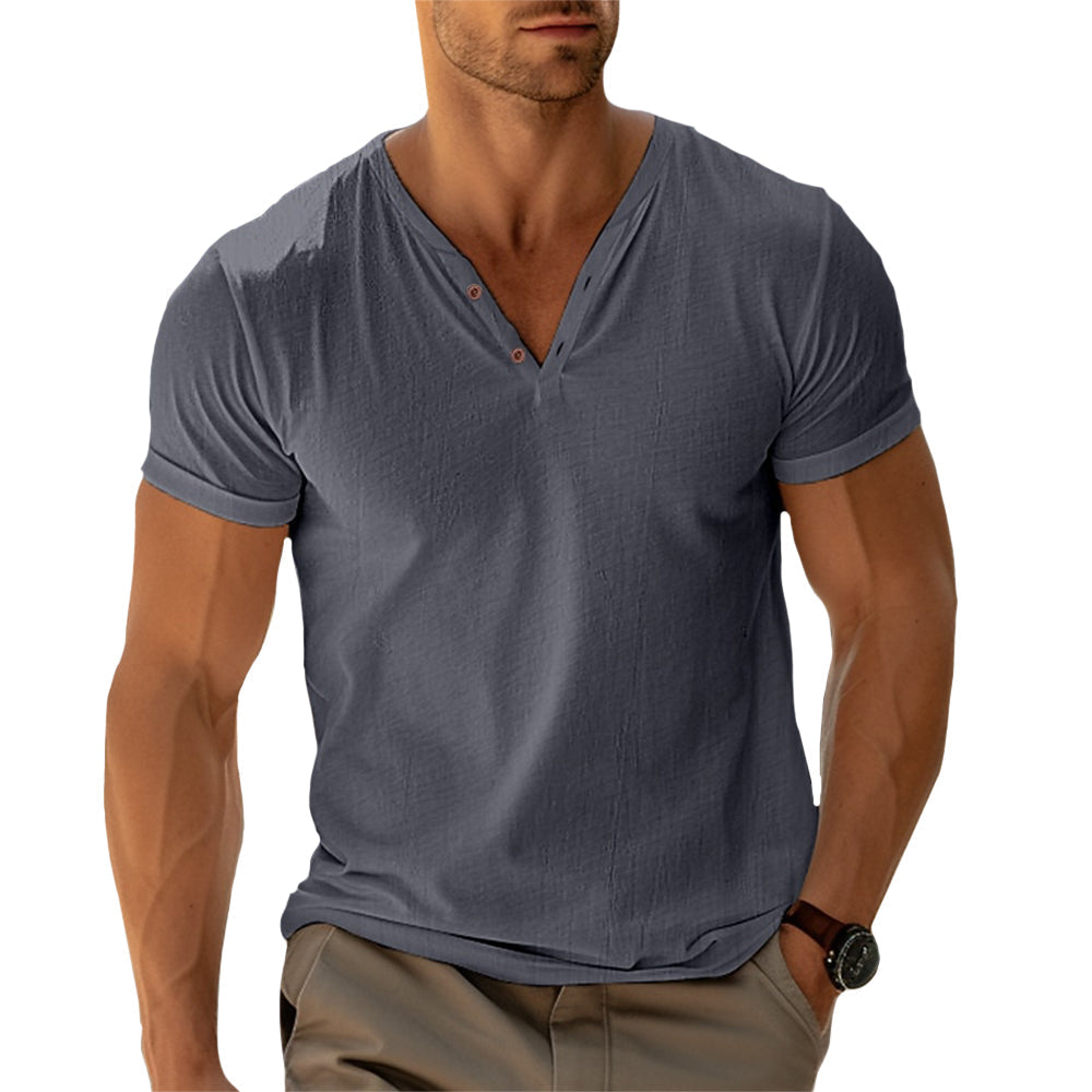 Amaury - Heren t-shirt met v-hals en knoopdetail