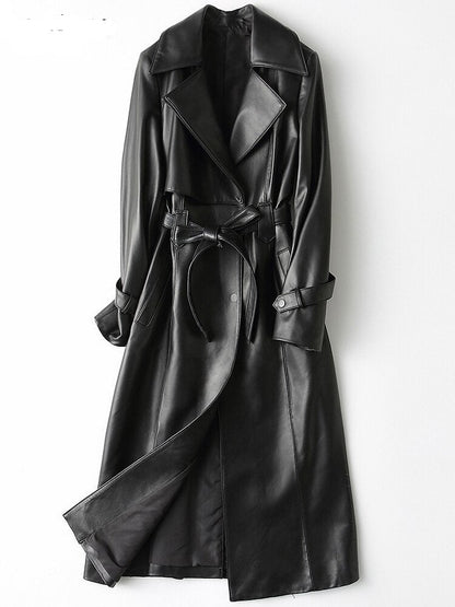 Raven Leathers - Lange lederen trenchcoat hoge kraag dames