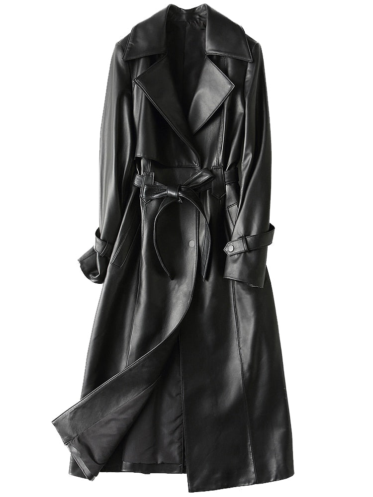 Raven Leathers - Lange lederen trenchcoat hoge kraag dames