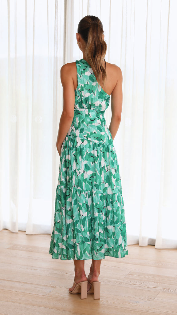 Megan - Dames midi-jurk met asymmetrische halslijn en speelse print