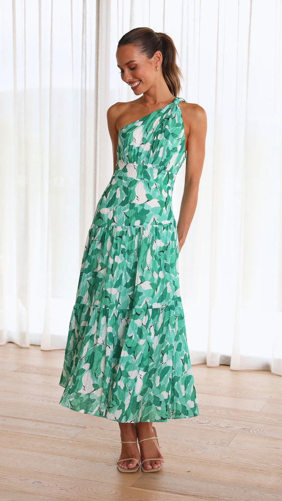 Megan - Dames midi-jurk met asymmetrische halslijn en speelse print