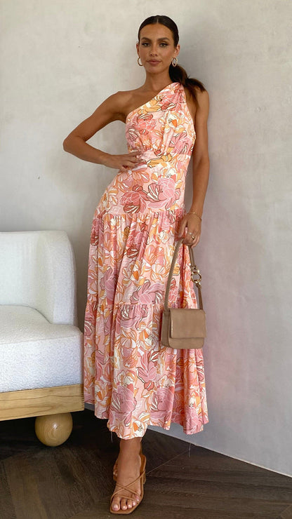 Megan - Dames midi-jurk met asymmetrische halslijn en speelse print