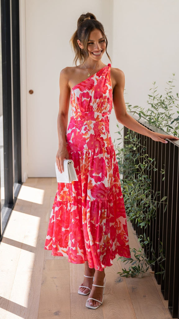 Megan - Dames midi-jurk met asymmetrische halslijn en speelse print