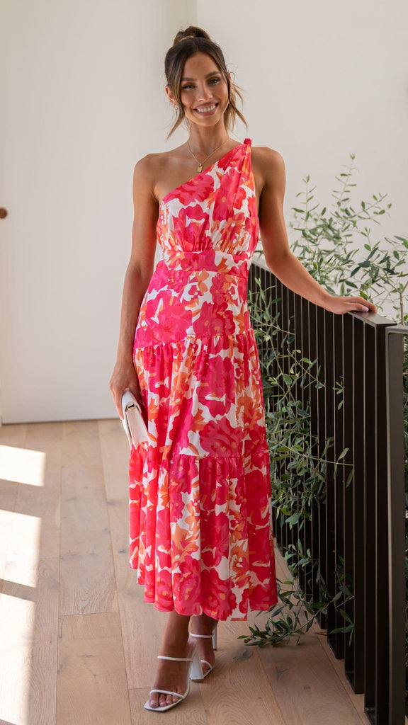 Megan - Dames midi-jurk met asymmetrische halslijn en speelse print