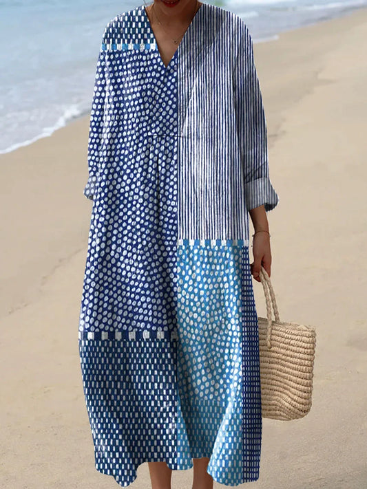 Brynja - Dames midi jurk met asymmetrische patchworklook