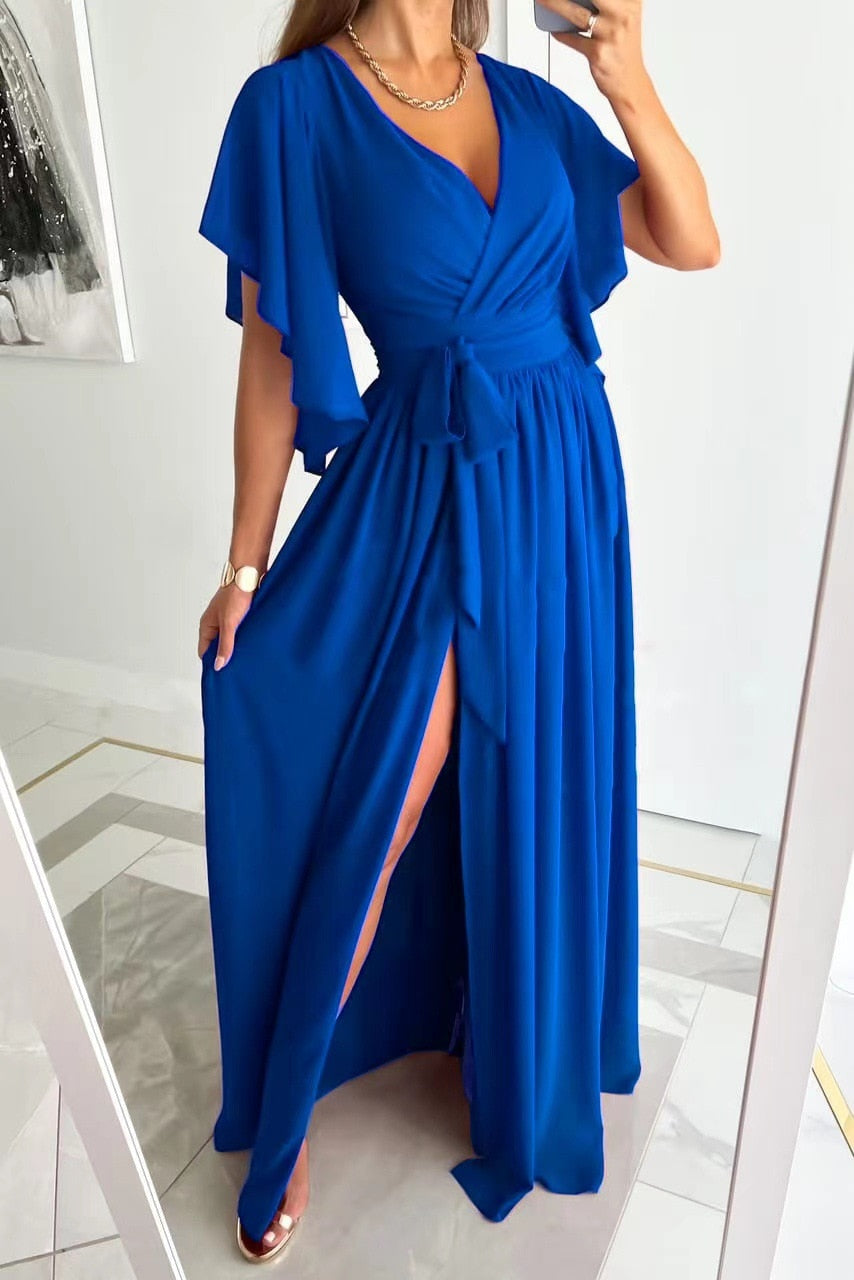 Aitana - Sexy maxi jurk met hoge split pofmouwen en strik