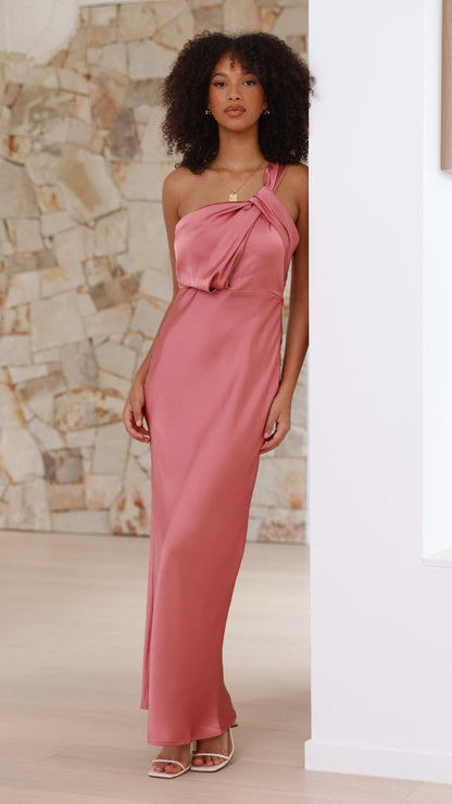 Lumen - Asymmetrische maxi damesjurk met strik op één schouder