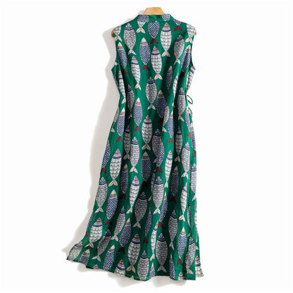 Sylvaine - Mouwloze dames maxi jurk met doorknoop en strikdetail
