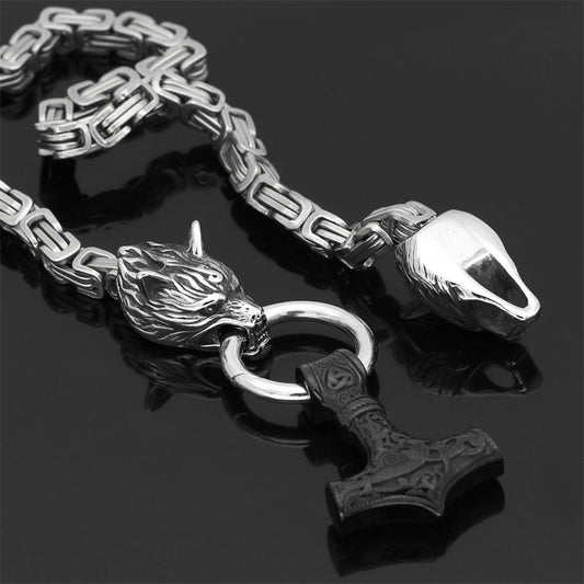 Ketting of armband met dubbele wolfskop en hamerhanger in verstelbare lengtes