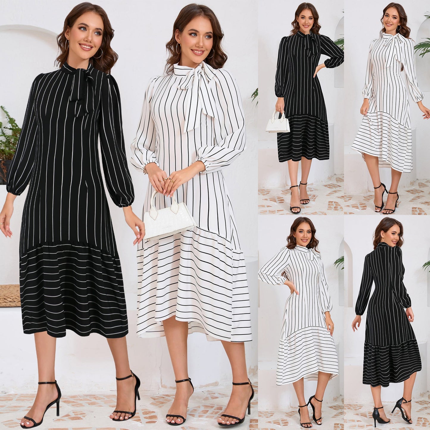 Alazne - Midi jurk met strikdetail en lange mouwen