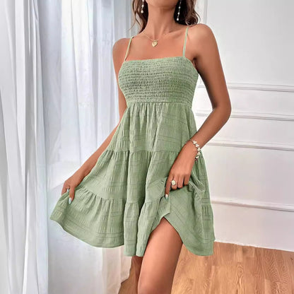 Ayelen - Korte dames zomerjurk met smock bovenstuk en spaghettibandjes