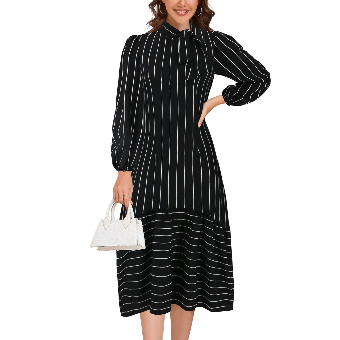 Alazne - Midi jurk met strikdetail en lange mouwen