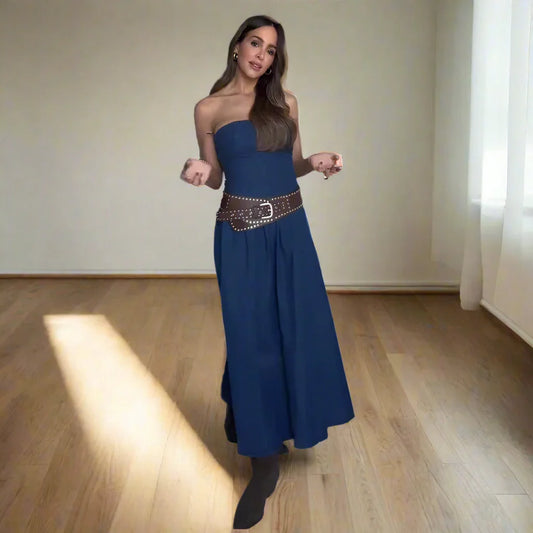 Canola - Dames strapless maxi jurk met gevormd lijfje en uitlopende rok