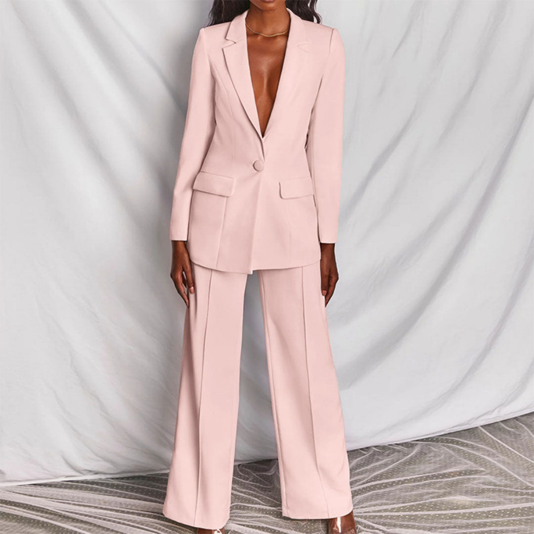 Glenda – Getailleerd damespak met blazer en wijde broek