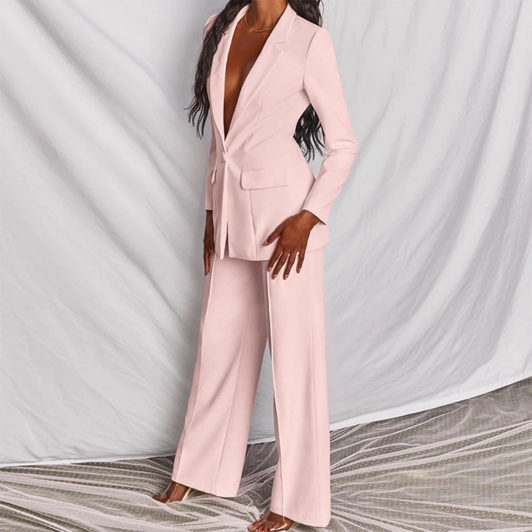 Glenda – Getailleerd damespak met blazer en wijde broek