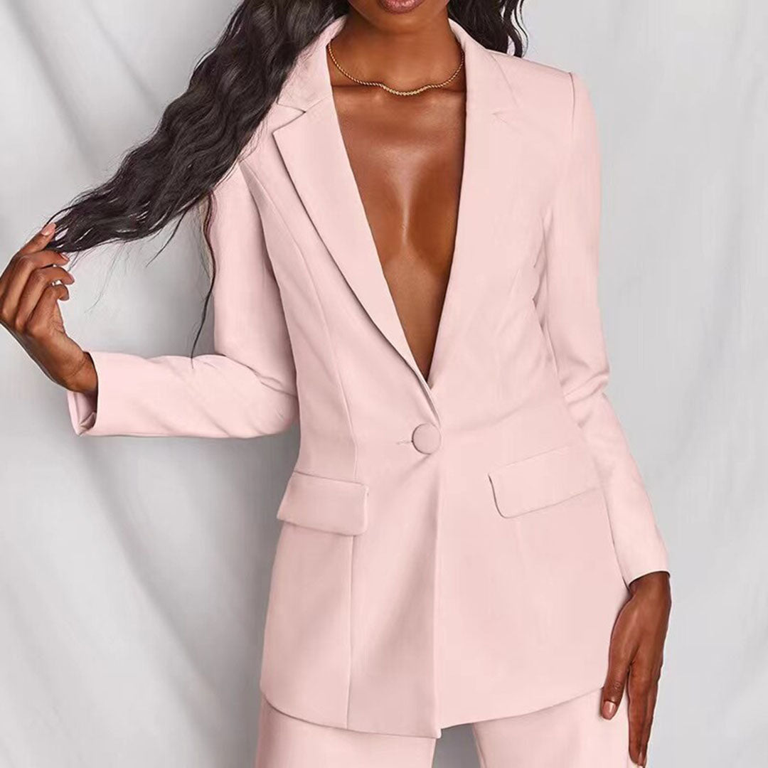 Glenda – Getailleerd damespak met blazer en wijde broek