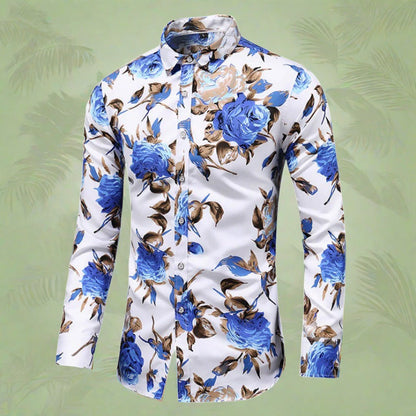 Nikkon - Heren longsleeve bloemenoverhemd met kraag en knoopsluiting