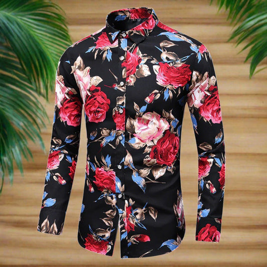 Nikkon - Heren longsleeve bloemenoverhemd met kraag en knoopsluiting