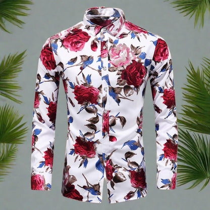 Nikkon - Heren longsleeve bloemenoverhemd met kraag en knoopsluiting