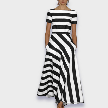 Maelis - Gestreepte dames midi-jurk met boothals
